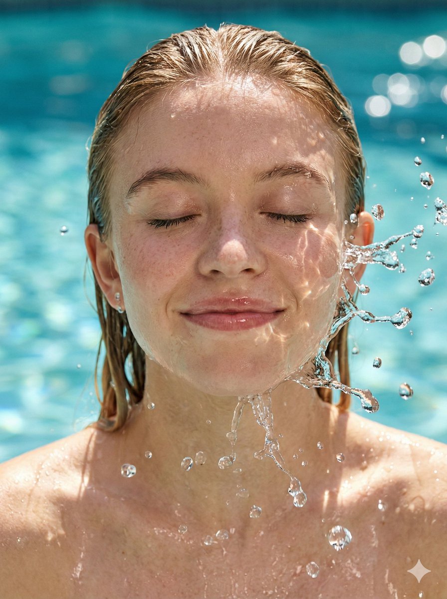 夏日阳光下悉尼斯威尼湿发水珠高清特写