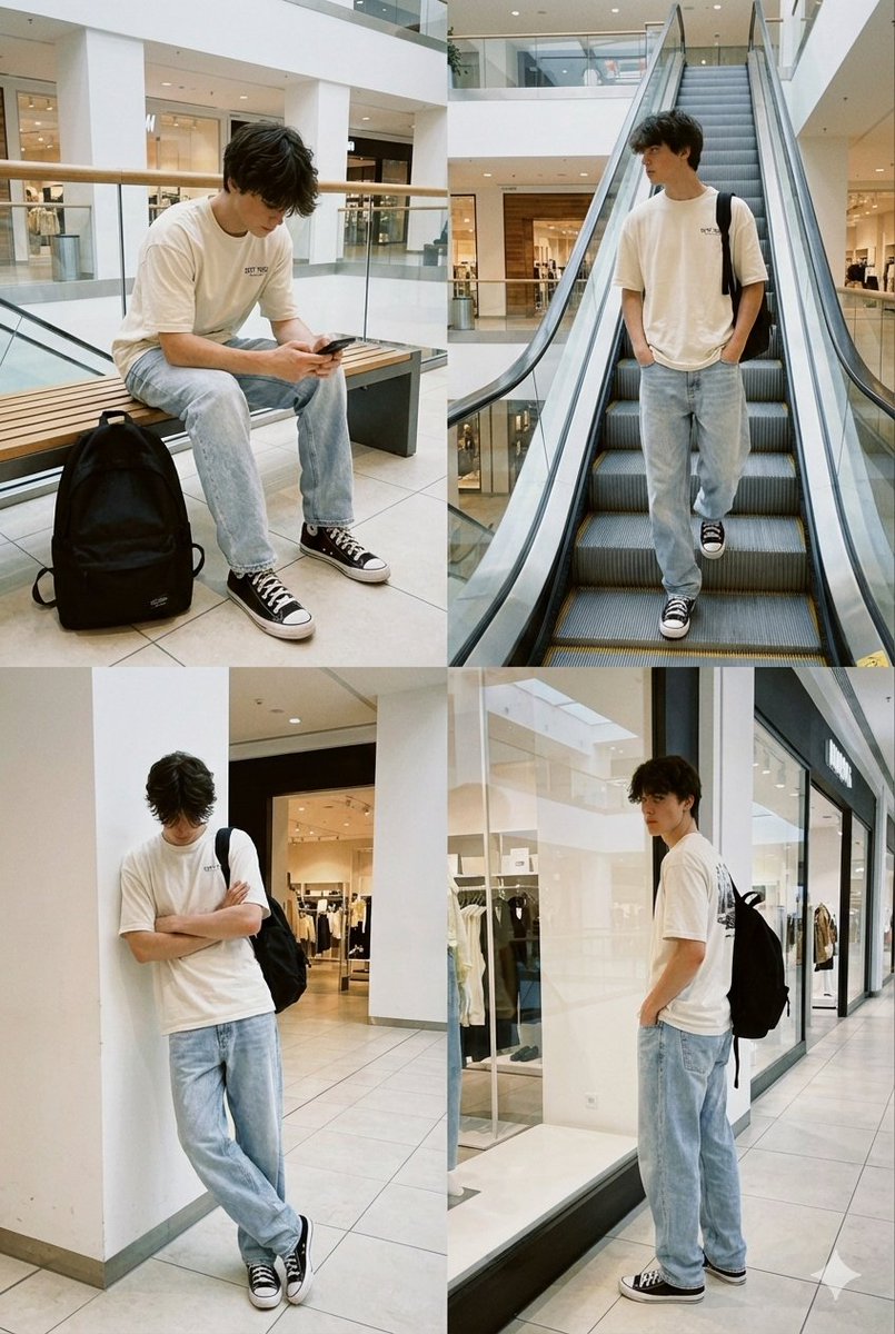 商场扶梯旁疲惫发呆的Z世代少年