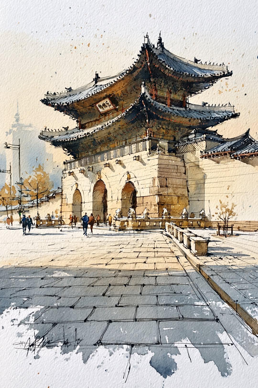 传统韩国韩屋村街道水彩建筑速写