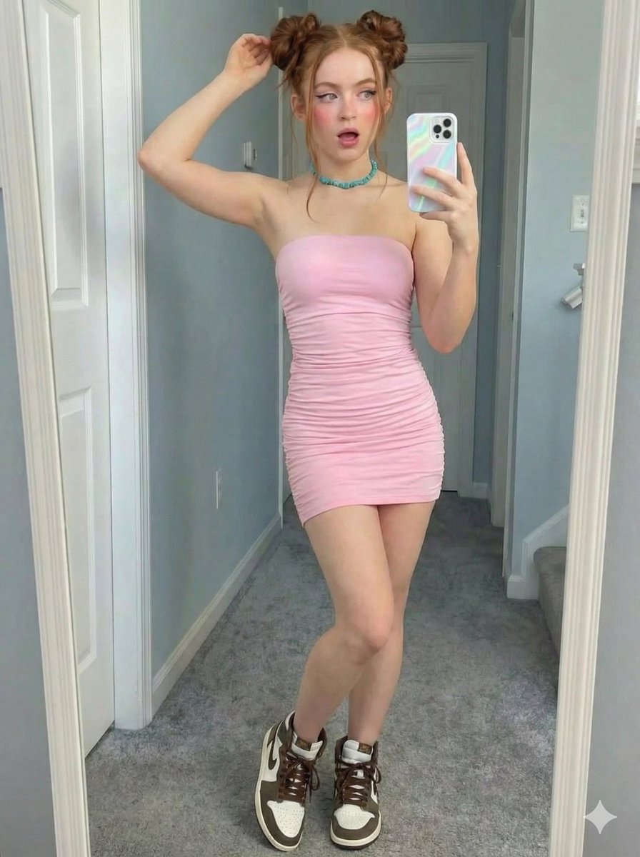 艳丽红发双丸子头少女粉裙对镜自拍