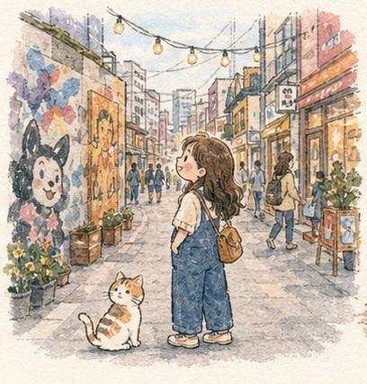 柔和水彩风少女与萌宠城市漫步 2