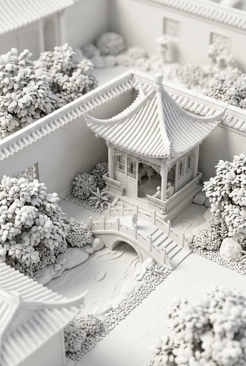 纯白黏土风中式庭院微缩景观