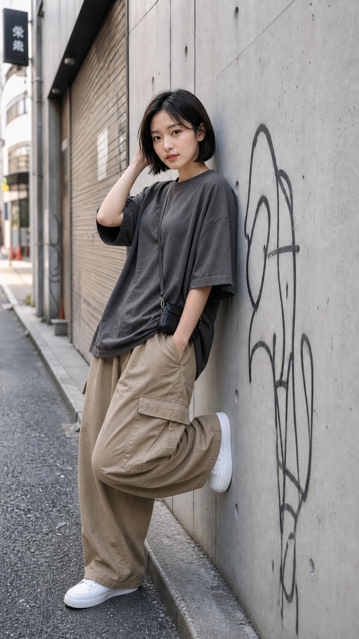 靠墙而立的短发日本女性写实人像 2