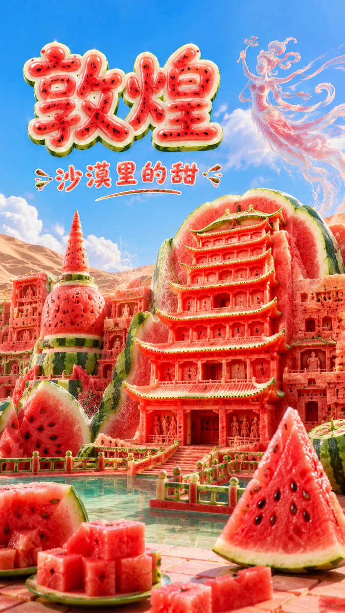 长文版提示词: 生成一张高传播感的 9:16 竖版「西瓜风格城市地标建筑」创意海报。 【用户输入】