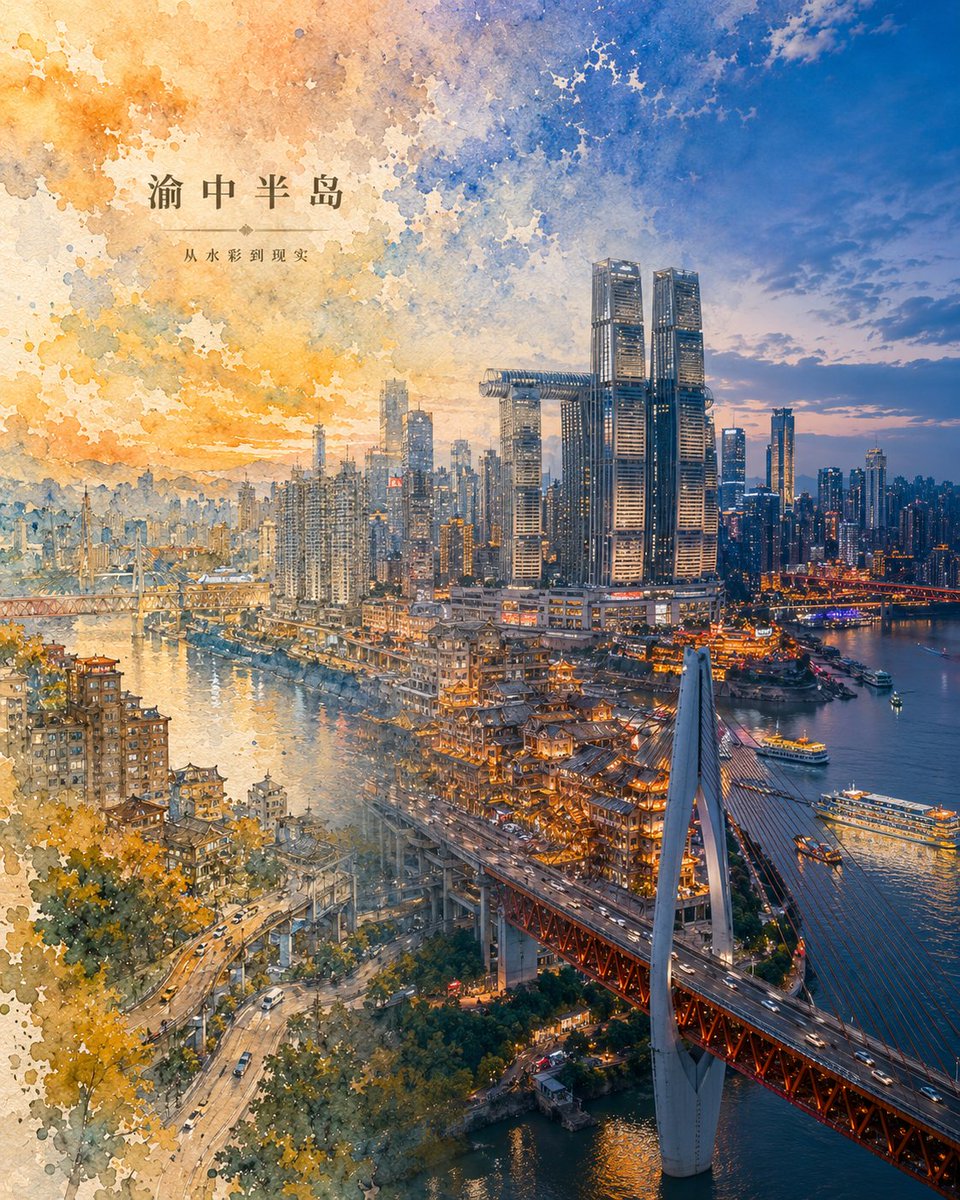 《虚实交融城市画报》提示词： 请生成一张「虚实交融 · 城市印象」风格的竖版城市海报，主题为【城市 4