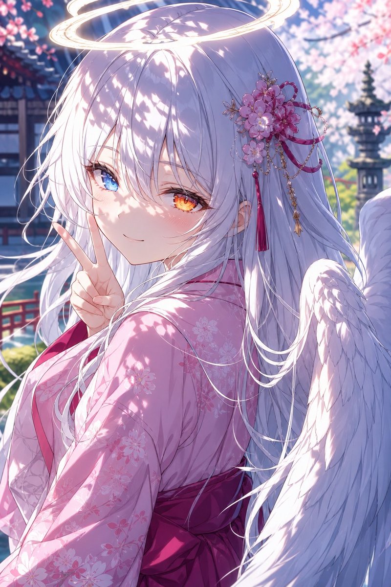 身着樱花和服的天使少女