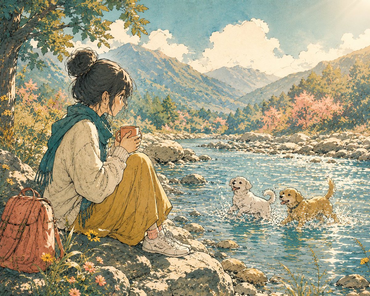 河边喝咖啡的动漫少女 2