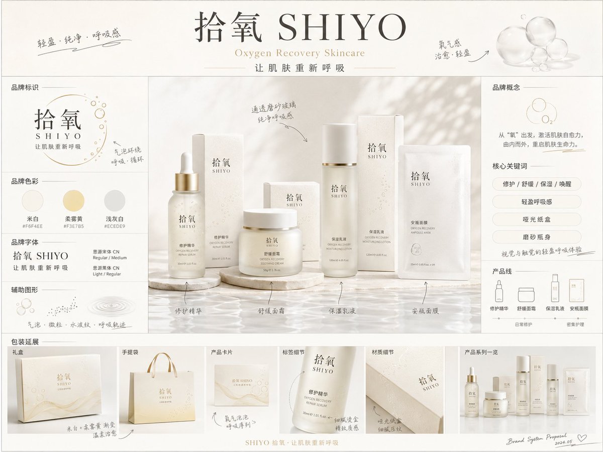《品牌概念提案板》提示词： 请生成一张【画幅比例】的高完成度「品牌全案概念提案板 / Brand