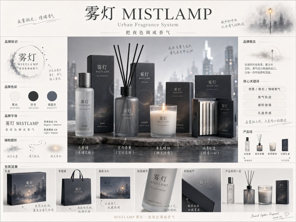 《品牌概念提案板》提示词： 请生成一张【画幅比例】的高完成度「品牌全案概念提案板 / Brand 2