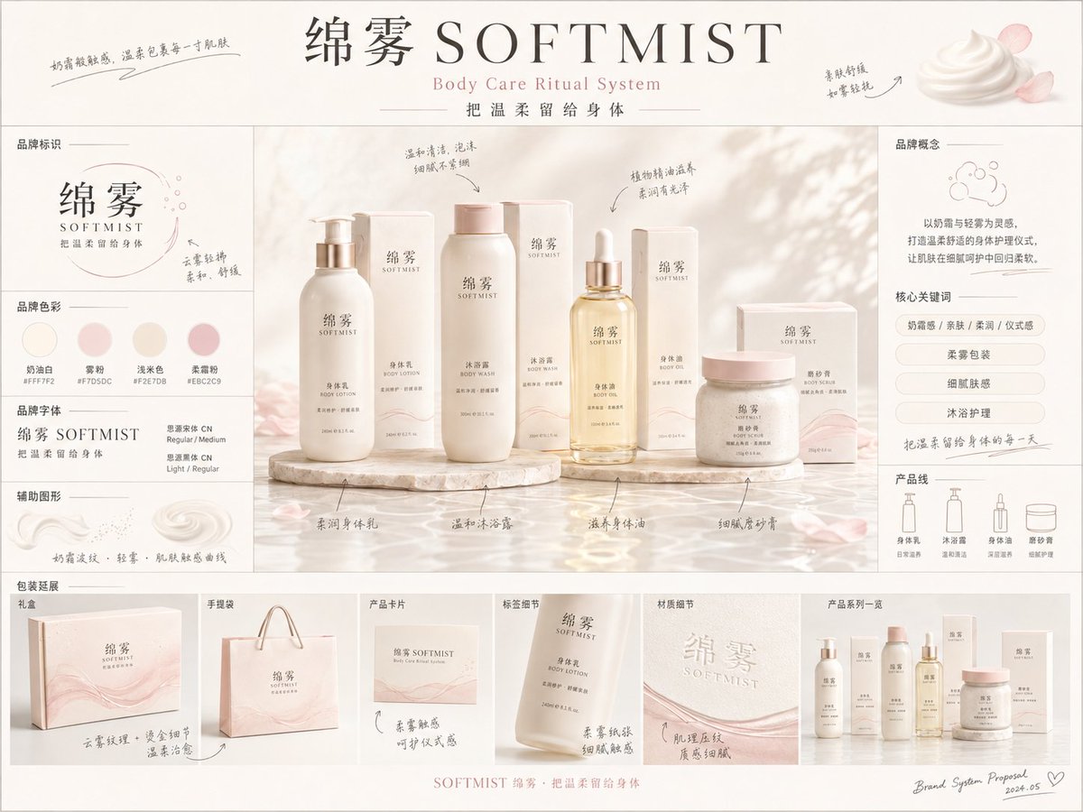 《品牌概念提案板》提示词： 请生成一张【画幅比例】的高完成度「品牌全案概念提案板 / Brand 3