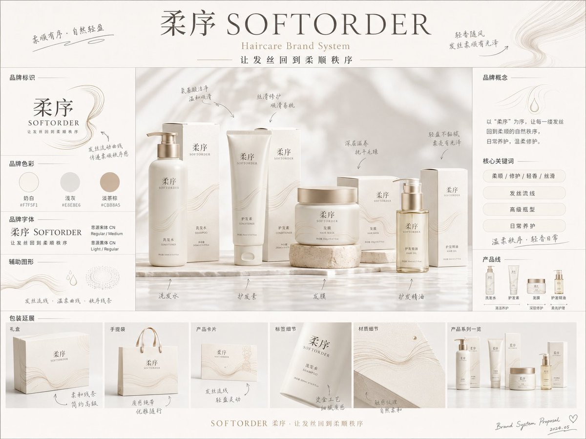 《品牌概念提案板》提示词： 请生成一张【画幅比例】的高完成度「品牌全案概念提案板 / Brand 4
