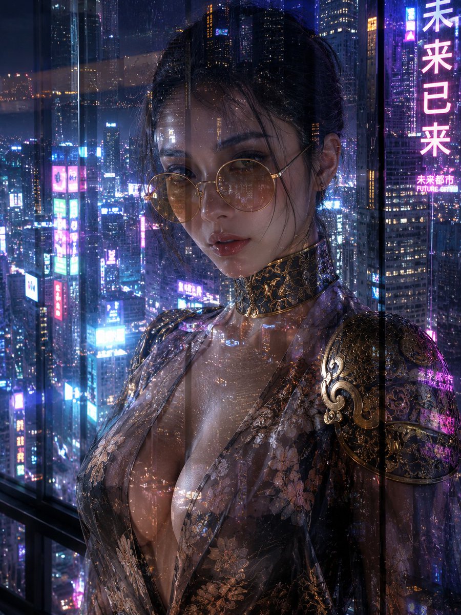 霓虹城市窗前的赛博朋克女性