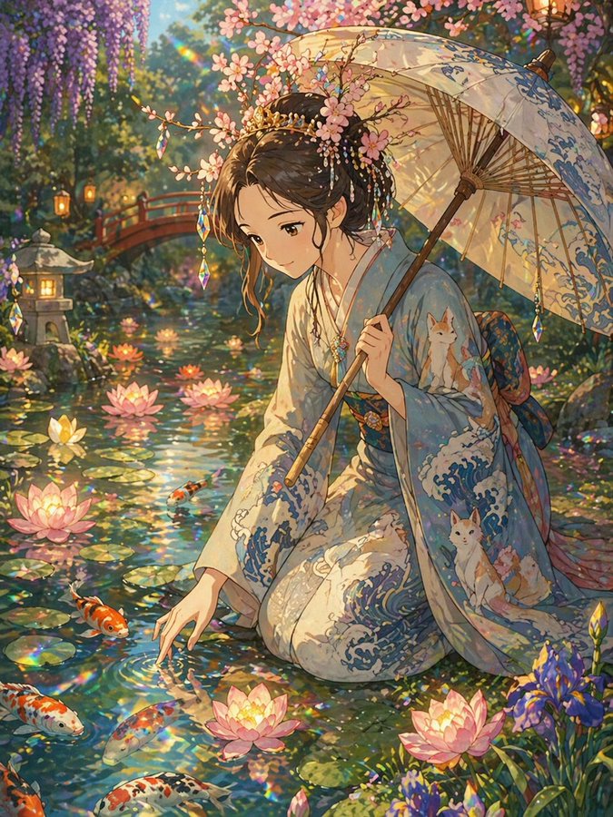 锦鲤池畔的梦幻和服女子 2