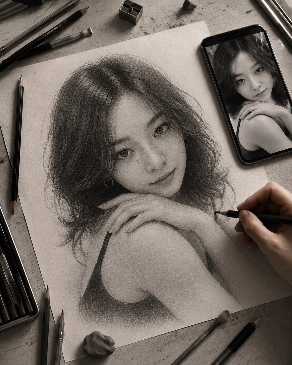 深夜石墨肖像画工作台 2