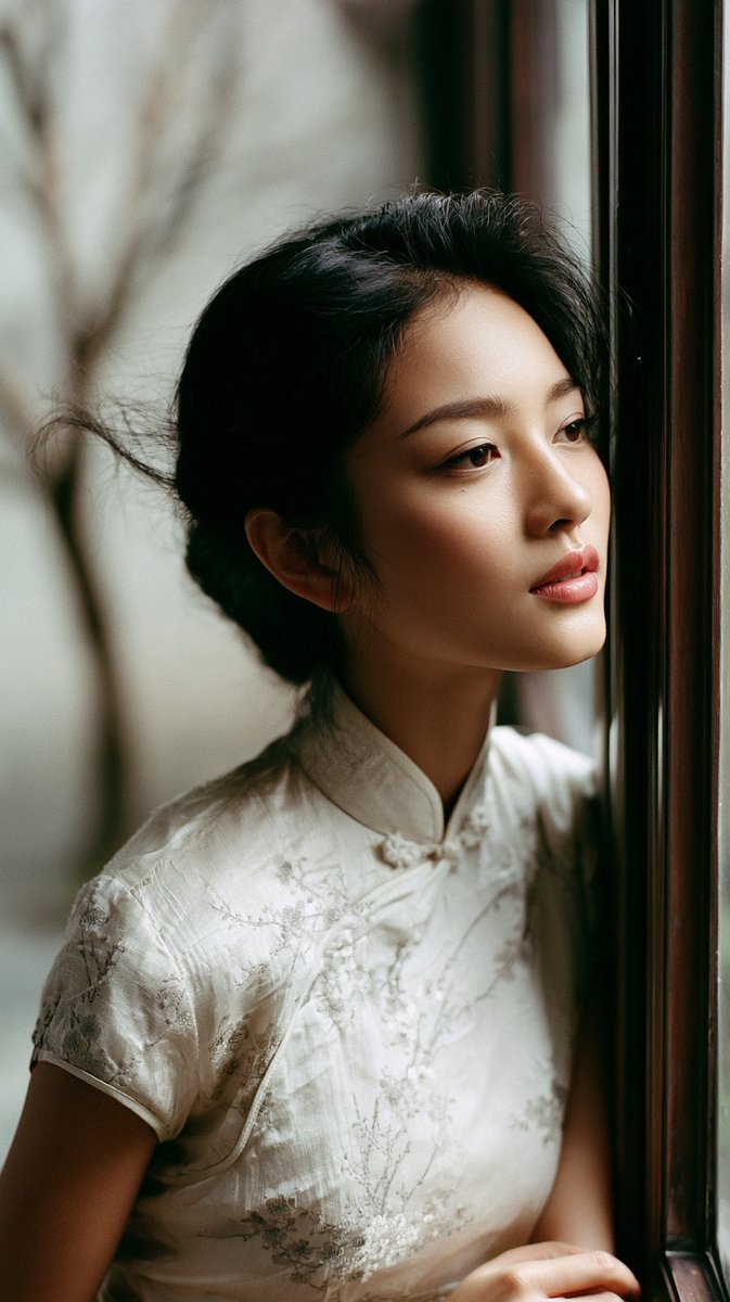 身着丝绸旗袍的东亚女性走廊肖像 2