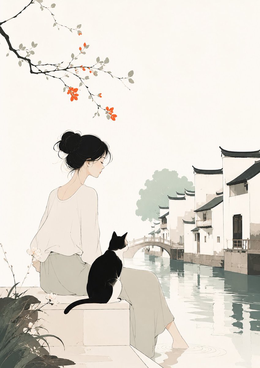 女孩与猫的极简主义插画
