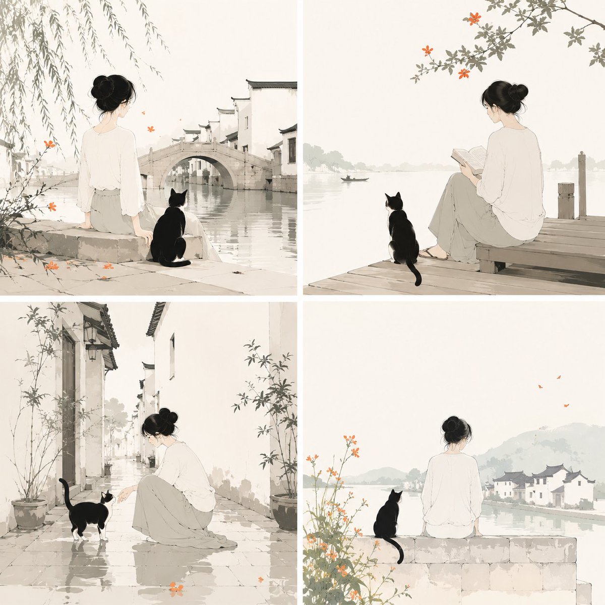 女孩与猫的极简主义插画 2