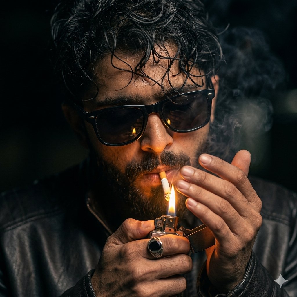 打火机火焰下的电影感忧郁人像