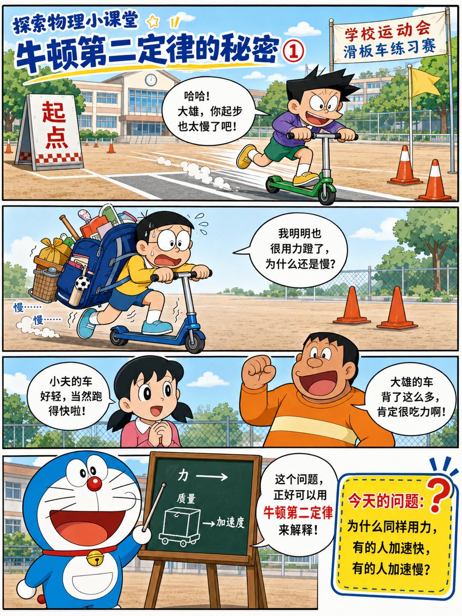 哆啦 A 梦风格牛顿第二定律漫画 2