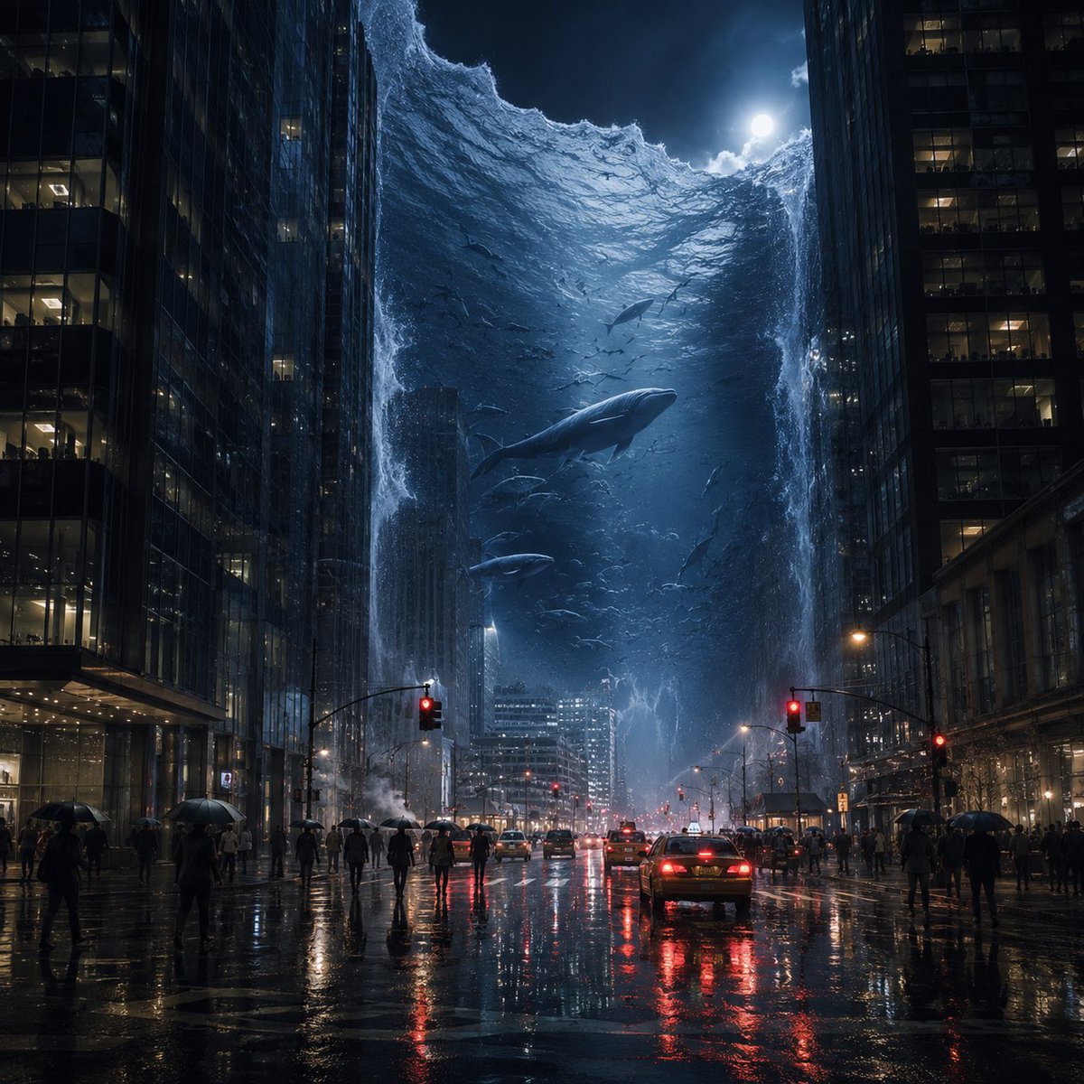 雨中城市的超现实海洋之墙