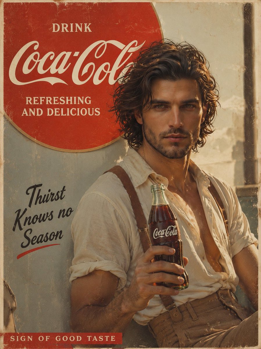 提示词： 创作一则电影质感的复古 Coca Cola 广告
