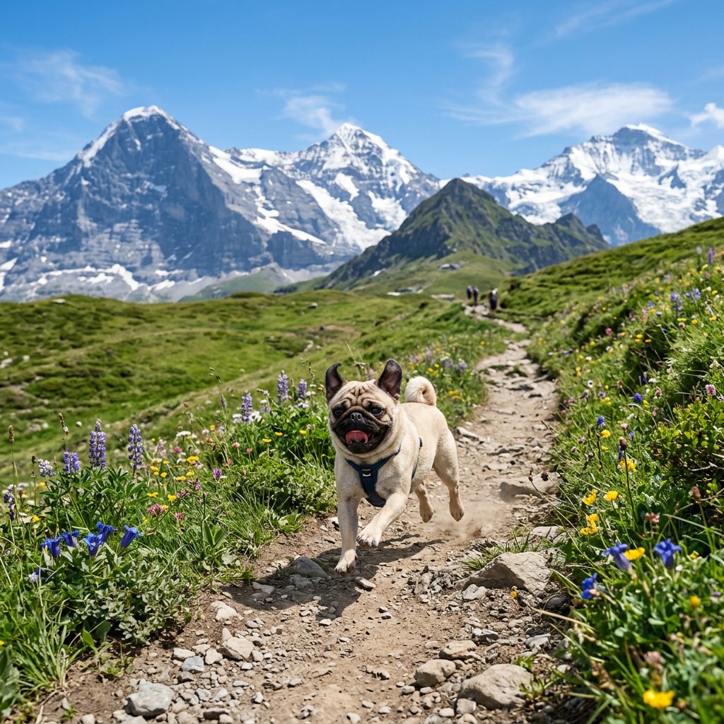 奔跑在高山步道上的哈巴狗