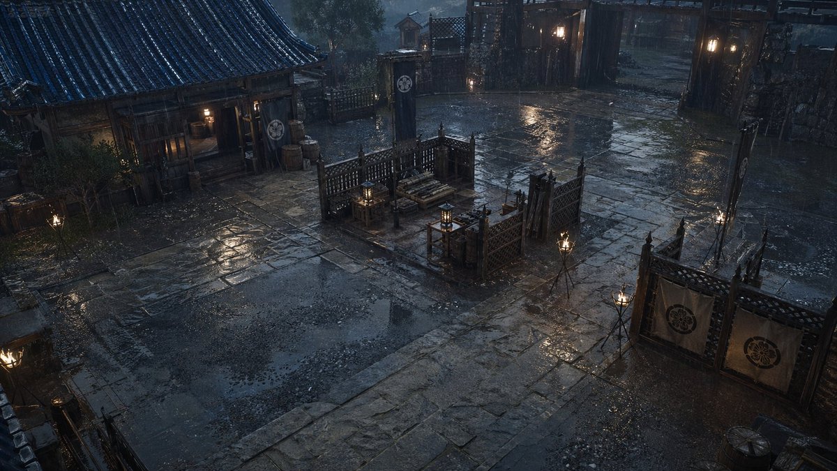 雨中的日本封建时代庭院