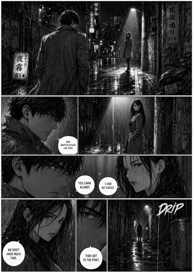 雨夜黑色电影风格漫画页面
