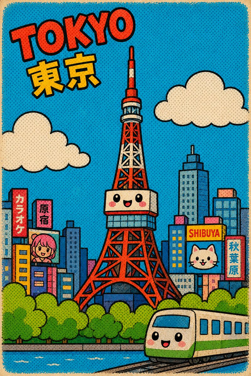 可爱复古东京卡通城市景观