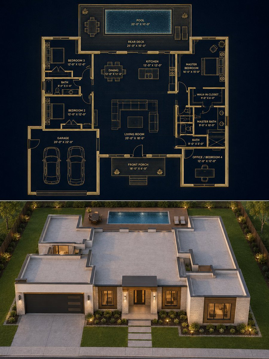 建筑蓝图与现代住宅效果图对比