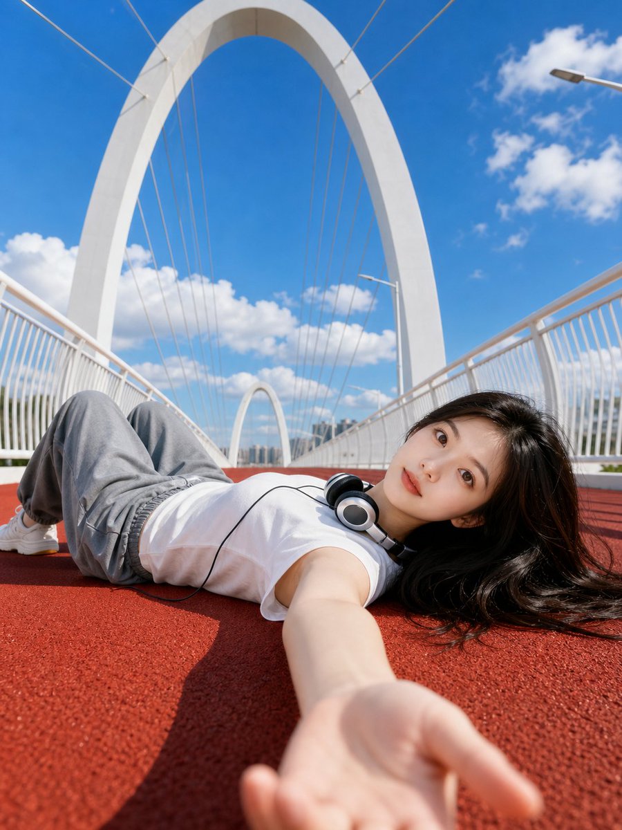 夏季桥梁跑道人像