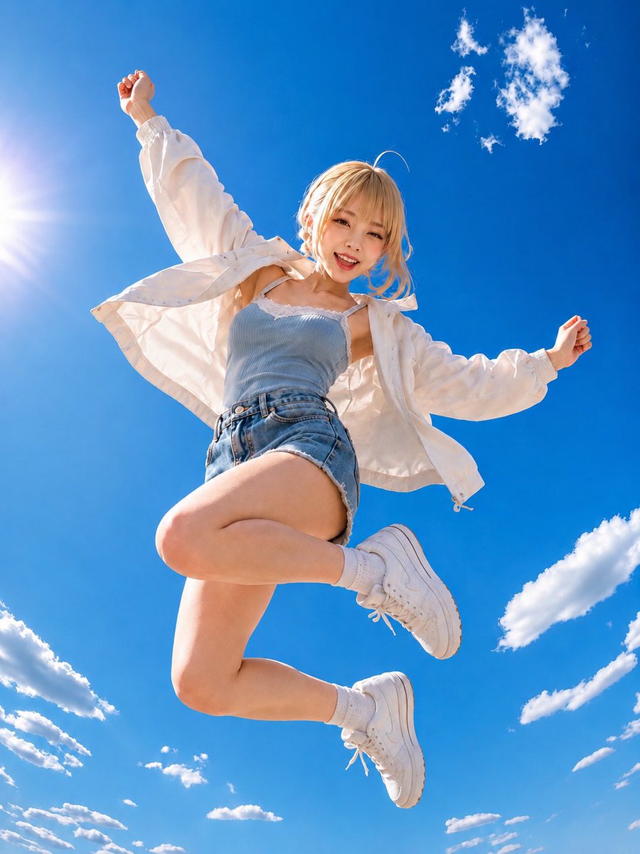 蓝天下的夏日跳跃人像