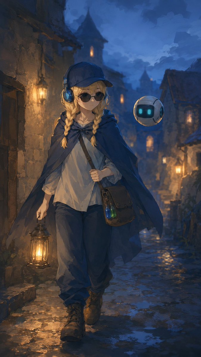 雨中奇幻小巷里的旅行炼金术士
