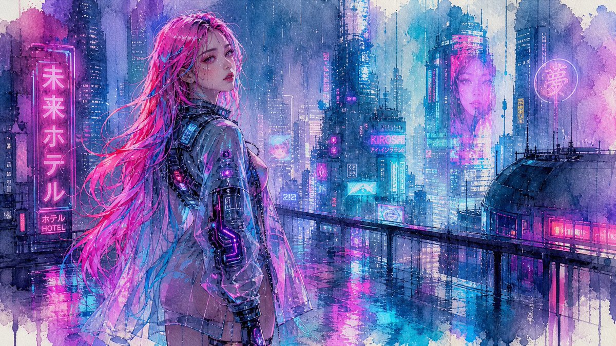 水彩赛博朋克屋顶少女 2