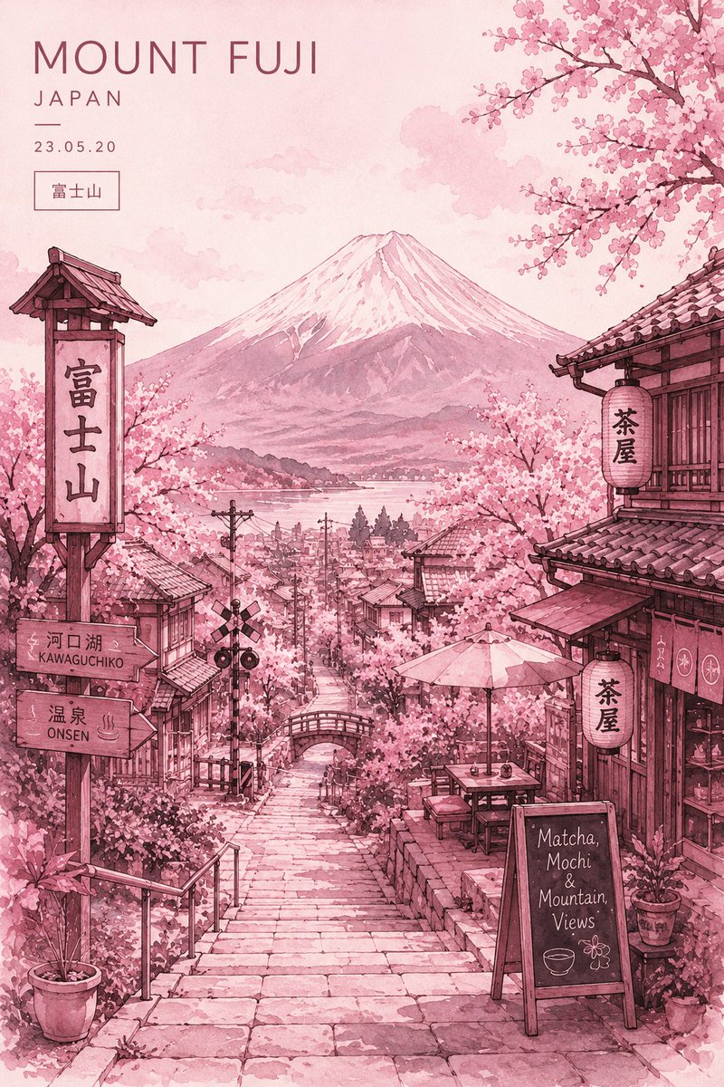 水彩风格富士山旅行海报