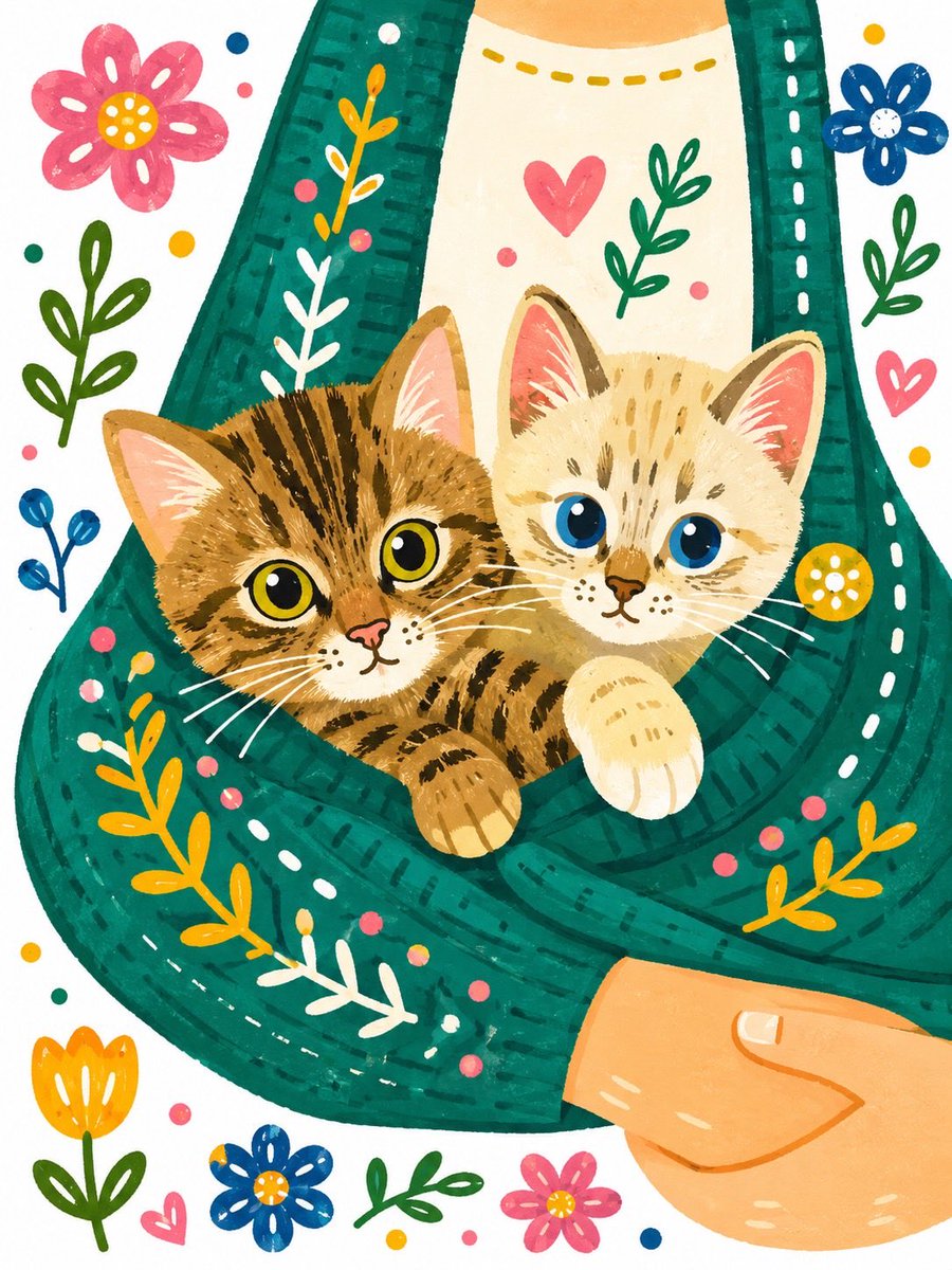 异想天开的手绘女孩与小猫插画 2